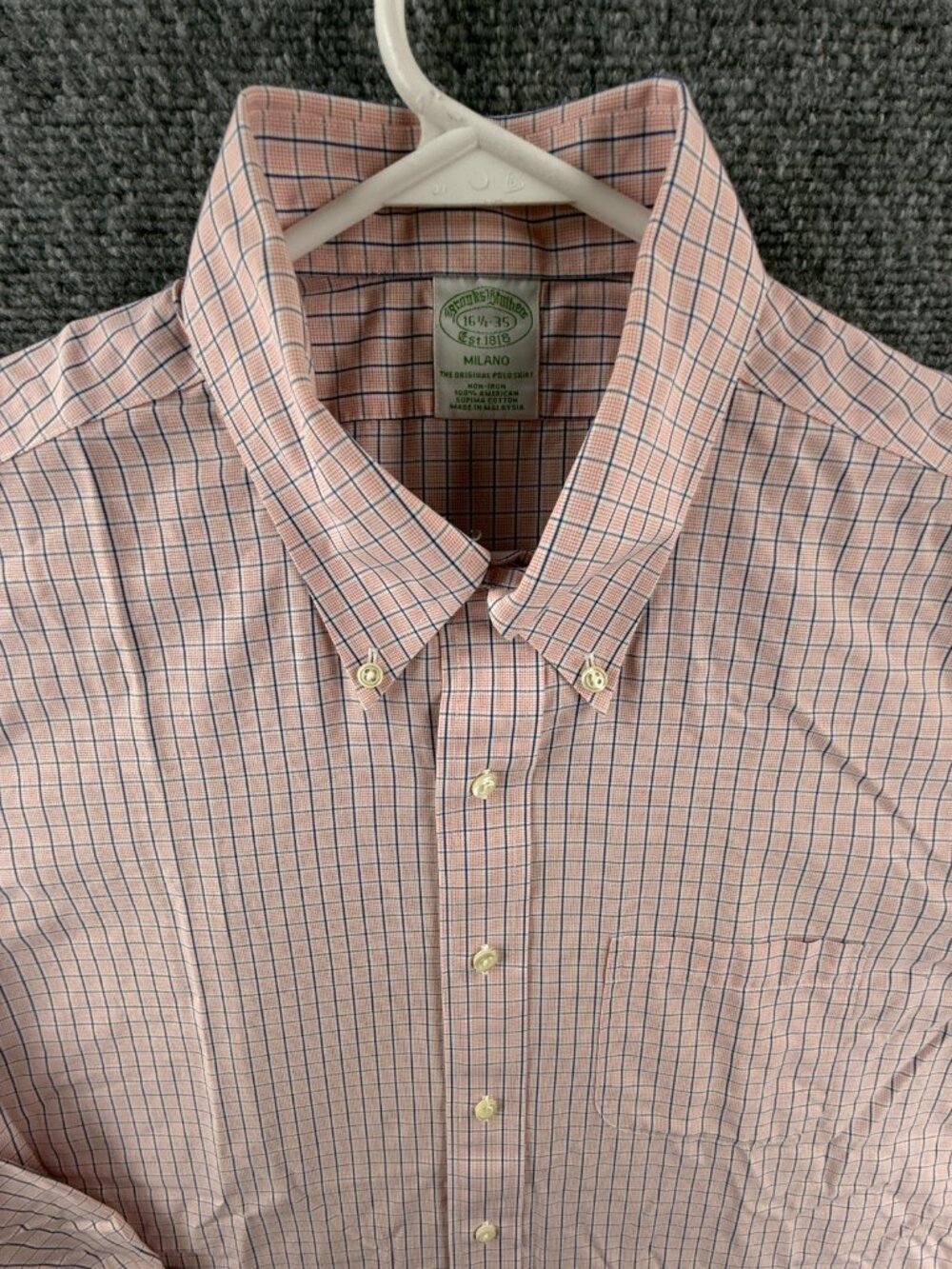 Brooks Brothers Non-Iron Button-Down Milano Cotton 16.5 35 Check Pink Pocket Men